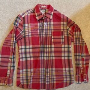 J. crew men’s Indian madras woven button down shirt Medium slim Red tan pattern